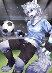 Size: 1455x2048 | Tagged: safe, artist:ivan jhang, oc:coke (colawolf7), canid, mammal, wolf, anthro, boy, cub, male, slender, solo boy, solo cub, solo male, solo teen, teen, twink, young, colored, fully shaded, blue eyes, fang, fingerless gloves, fur, gray fur, gray hair, kemono, kemoshota, navel, open mouth, shorts, soccer ball, solo, sports, sweat, teeth, white fur