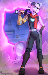 Size: 1200x1855 | Tagged: safe, artist:punkpega, rivet, fictional species, lombax, mammal, anthro, female, girl, plantigrade, solo female, solo girl, solo teen, teen, young, ratchet & clank, 2022, armor, blue eyes, clothing, cybernetic, fully clothed, fur, goggles, goggles on head, hammer, hand on hip, open mouth, portal, shoes, solo, tail, white fur