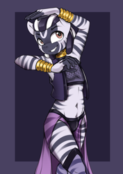 Size: 2816x3976 | Tagged: safe, artist:felixf, oc:kizya, equid, equine, mammal, zebra, anthro, boy, cub, male, slender, solo boy, solo cub, solo male, young, colored, digital, fully shaded, black fur, bulge, dancing, fur, solo, stripes, white fur