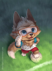 Size: 559x767 | Tagged: safe, artist:silverfox5213, zabivaka, arctic wolf, canid, mammal, wolf, anthro, boy, cub, male, solo boy, solo cub, solo male, young, fifa, mascot, ball, black nose, blue eyes, brown fur, clothing, detailed background, fur, gesture, goggles, goggles over eyes, grass, hand on hip, looking up, nighttime, open mouth, shirt, shorts, soccer, soccer ball, soccer field, solo, sports, standing, t-shirt, thumbs up, tongue, white fur