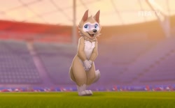 Size: 1200x743 | Tagged: suggestive, artist:zaush, zabivaka, arctic wolf, canid, mammal, wolf, anthro, boy, cub, male, solo boy, solo cub, solo male, young, fifa, mascot, black nose, blue eyes, clothing, fur, grass, looking away, nudity, open mouth, outdoors, plant, smiling, solo, stadium, sunset, tan fur, white fur