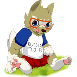 Size: 1200x1200 | Tagged: safe, artist:okunawa, zabivaka, arctic wolf, canid, mammal, wolf, anthro, boy, cub, male, solo boy, solo cub, solo male, young, fifa, mascot, cel shaded, colored, digital, blue eyes, bulge, clothing, fur, goggles, licking lips, pawpads, shorts, soccer uniform, solo, sports uniform