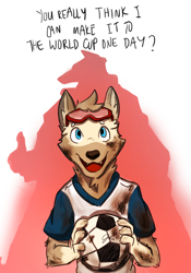 Size: 700x1000 | Tagged: safe, artist:jerijune, zabivaka, arctic wolf, canid, mammal, wolf, anthro, boy, cub, male, solo boy, solo cub, solo male, young, fifa, mascot, colored, digital, flat colored, ball, blue eyes, clothing, dirty, dirty clothing, dream, fur, looking up, shadow, smiling, soccer ball, solo, text
