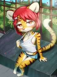 Size: 1240x1672 | Tagged: suggestive, artist:diman, big cat, felid, feline, mammal, tiger, anthro, cub, female, girl, slender, solo cub, solo female, solo girl, solo teen, teen, young, colored, digital, fully shaded, 2022, amber eyes, breasts, crop top, exposing self, flashing, fur, hair, looking at you, looking up, looking up at you, nipples, nudity, orange fur, red hair, shorts, solo, stripes, tail, tank top, white fur