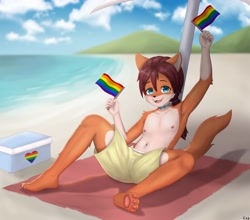 Size: 3000x2634 | Tagged: safe, artist:caylleen, oc:chaska, canid, coyote, anthro, boy, cub, male, plantigrade, slender, solo boy, solo cub, solo male, young, alternate version, colored, digital, fully shaded, 2023, beach, blue eyes, brown hair, clothing, fur, jewelry, looking at you, navel, nipples, on ground, ponytail, shorts, sitting, solo, swim trunks, tan fur, topless, towel, white fur