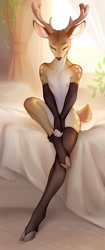 Size: 700x1669 | Tagged: safe, artist:2d10art, cervid, deer, mammal, anthro, boy, femboy, male, slender, solo boy, solo male, solo teen, teen, twink, young, digital, 2020, antlers, areola, bed, bedroom, clothing, cloven hooves, eyes closed, fingerless gloves, fur, gloves, hooves, horns, indoors, legwear, long gloves, nipples, nudity, sitting, solo, stockings, tail, tail fluff