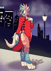Size: 2760x3864 | Tagged: safe, artist:punkpega, oc only, oc:maes, hyaenid, hyena, mammal, spotted hyena, anthro, boy, femboy, male, slender, solo boy, solo male, solo teen, teen, twink, young, blushing, bulge, city, clothing, crossdressing, dress, fur, pink fur, solo, tail, underwear
