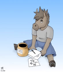 Size: 1114x1280 | Tagged: safe, artist:jaleo, equid, horse, mammal, anthro, boy, cub, male, solo boy, solo cub, solo male, young, brown eyes, brown fur, brown hair, clothing, drawing, fully clothed, fur, hooves, horse shoes, looking up, mane, pencil, sad, shirt, shorts, solo, t-shirt