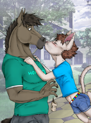 Size: 947x1280 | Tagged: safe, artist:jaleo, oc:frison, oc:yuu (yiffy-hustler), cat, equid, felid, horse, mammal, adult, adult/teen, adult/young, anthro, anthro/anthro, boy, male, male/male, males only, man, man/boy, muscular, slender, teen, teen on adult, twink, young, colored, fully shaded, photo background, traditional, age difference, blushing, clothing, duo, eyes closed, fur, kissing, outdoors, shorts, whiskers
