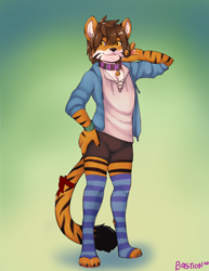 Size: 2550x3300 | Tagged: safe, artist:bastion shadowpaw, oc:minime, big cat, felid, feline, mammal, tiger, anthro, boy, cub, male, slender, solo boy, solo cub, solo male, young, amber eyes, black fur, bow, clothing, collar, fully clothed, fur, hoodie, leg warmers, open hoodie, orange fur, shorts, solo, stripes, tail, toe claws, white fur