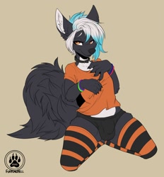 Size: 1190x1280 | Tagged: suggestive, artist:furkinghell, oc only, canid, mammal, anthro, boy, femboy, male, slender, solo boy, solo male, solo teen, teen, twink, young, colored, digital, flat colored, amber eyes, black fur, blue hair, bulge, claws, clothing, collar, fur, hair, kneeling, legwear, signature, solo, striped clothing, tail, tail fluff, thigh highs, underwear, white fur, white hair, wristband