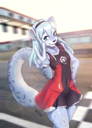 Size: 922x1280 | Tagged: safe, artist:krakenparty, oc only, oc:resine, big cat, felid, feline, mammal, snow leopard, anthro, boy, femboy, male, slender, solo boy, solo male, solo teen, teen, twink, young, digital, blue eyes, blue fur, blue hair, clothing, crossdressing, dress, fur, gesture, hair, headband, lens flare, long tail, outdoors, signature, skirt, solo, tail, v sign, white fur