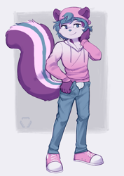 Size: 905x1280 | Tagged: suggestive, artist:kiesan, oc:gen the skunk, mammal, mustelid, skunk, anthro, boy, cub, male, plantigrade, solo boy, solo cub, solo male, young, cel shaded, colored, digital, ball cap, briefs, bulge, clothing, fur, hat, hoodie, jeans, open fly, pink fur, shoes, sneakers, solo, underwear, undressing, undressing self, white briefs