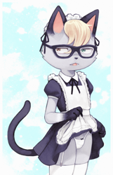 Size: 1000x1556 | Tagged: suggestive, artist:robot, artist:✯, raymond (animal crossing), cat, felid, mammal, siamese, anthro, boy, cub, femboy, male, solo boy, solo cub, solo male, young, animal crossing, digital, 2020, bulge, clothing, crossdressing, dress, fang, fur, glasses, gray fur, heterochromia, maid outfit, open mouth, panties, sharp teeth, skirt, skirt lift, solo, tail, teeth, underwear, undressing, undressing self