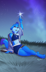 Size: 1200x1855 | Tagged: safe, artist:punkpega, mammal, mustelid, weasel, anthro, boy, femboy, male, slender, solo boy, solo male, solo teen, teen, twink, young, blue body, blue fur, clothing, crossdressing, fur, jewelry, magic, open mouth, robe, skirt, solo, starry sky