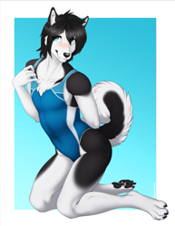 Size: 927x1200 | Tagged: safe, artist:accelo, oc only, oc:matty k, alaskan klee-kai, canid, dog, husky, mammal, anthro, boy, femboy, intersex, intersex male, male, slender, solo boy, solo male, solo teen, teen, twink, young, blue eyes, blushing, claws, clothing, cyan eyes, fur, hair, pawpads, paws, solo, swimsuit, tail, transgender
