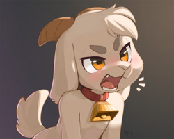 Size: 1200x960 | Tagged: safe, artist:ajin, oc:ramsay hornbrook, bovid, caprine, goat, mammal, ungulate, anthro, boy, cub, male, solo boy, solo cub, solo male, young, amber eyes, anger, bell, bell collar, blushing, collar, cowbell, fur, hair, horizontal pupils, horn, nudity, open mouth, pupils, solo, tongue, white fur, white hair