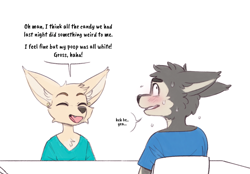 Size: 1552x1080 | Tagged: safe, artist:cobalt snow, canid, dog, fox, husky, mammal, anthro, boy, cub, cubs only, male, male/male, males only, young, young/young, age difference, blushing, clothing, dialogue, duo, english text, fur, looking pleasured, nervous, nudity, orgasm, sweat, talking to each other