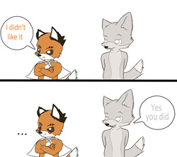 Size: 900x800 | Tagged: safe, artist:shodie, ashton fox, kristofferson silverfox, canid, fox, mammal, red fox, silver fox, anthro, anthro/anthro, cub, cubs only, male, male/male, males only, young, fantastic mr. fox, black fur, cape, dialogue, duo, english text, fur, humor, orange fur, talking to each other, text, tongue out, whiskers