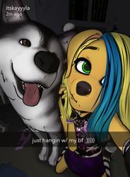 Size: 1521x2067 | Tagged: safe, artist:grimdank, oc:argos (grimdank), oc:kayla (grimdank), alaskan malamute, canid, dog, golden retriever, mammal, cub, female, feral, girl, male, male/female, young, duo, fur, selfie, snapchat