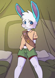 Size: 2480x3508 | Tagged: safe, artist:nononge, oc:malshky, lagomorph, mammal, rabbit, anthro, boy, cub, male, solo boy, solo cub, solo male, young, cub scouts, bdsm, blushing, bondage, clothing, cub scout uniform, fur, rope, scout sash, shibari, solo, tent, uniform