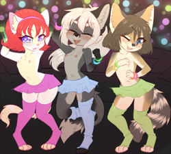 Size: 1200x1080 | Tagged: suggestive, artist:clara, canid, felid, fox, mammal, anthro, cub, cubs only, female, girl, girls only, young, colored, sketch, blushing, clothing, dancing, eyes closed, fur, nipples, topless
