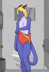 Size: 1594x2311 | Tagged: safe, artist:orca24a, oc:arki (schilka), dragon, mythological creature, western dragon, wingless dragon, anthro, boy, femboy, male, solo boy, solo male, solo teen, young, cel shaded, colored, digital, bathroom, blep, blonde hair, blue scales, clothing, fur, hair, looking at you, one-piece swimsuit, public restroom, restroom stall, solo, swimsuit, swimwear, tongue out, undressing, undressing self