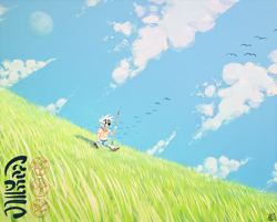 Size: 1678x1352 | Tagged: safe, artist:leglegleg, oc:hawking, bird, canid, dog, mammal, cub, male, young, clothing, cloud, daytime, fur, glasses, grass, hair, moon, outdoors