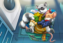 Size: 1100x764 | Tagged: safe, artist:paco, oc:sparky raccoon, oc:zane, mammal, mouse, raccoon, rodent, anthro, anthro/anthro, boys only, cubs only, male, male/male, males only, young, cuddling, duo, eyes closed, fur, indoors, laundry, laundry room, sleeping