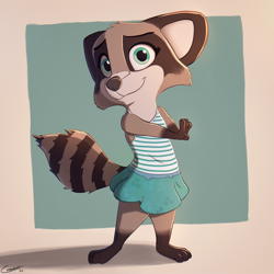 Size: 4000x4000 | Tagged: safe, artist:comatose, mammal, procyonid, raccoon, anthro, chibi, cub, female, girl, solo cub, solo female, solo girl, young, alternate version, cel shaded, colored, digital, clothing, dress, fur, looking at you, one-piece swimsuit, solo, swimsuit, swimwear