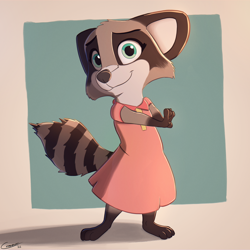 Size: 4000x4000 | Tagged: safe, artist:comatose, mammal, procyonid, raccoon, anthro, chibi, cub, female, girl, solo cub, solo female, solo girl, young, alternate version, cel shaded, colored, digital, dress, fur, looking at you, solo