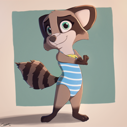 Size: 4000x4000 | Tagged: safe, artist:comatose, oc:jae (comatose), mammal, procyonid, raccoon, anthro, chibi, cub, female, girl, solo cub, solo female, solo girl, young, alternate version, cel shaded, colored, digital, clothing, fur, looking at you, one-piece swimsuit, solo, swimsuit, swimwear