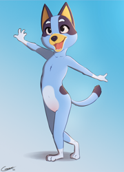Size: 2884x4000 | Tagged: safe, artist:comatose, bluey heeler, australian cattle dog, canid, dog, mammal, anthro, cub, female, girl, solo cub, solo female, solo girl, young, bluey, blushing, crotch blush, featureless crotch, fur, happy, nudity, solo