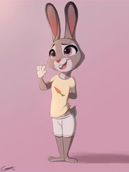 Size: 3000x4000 | Tagged: safe, artist:comatose, judy hopps, lagomorph, lapine, mammal, rabbit, anthro, chibi, cub, female, girl, plantigrade, solo cub, solo female, solo girl, young, zootopia, cel shaded, digital, buckteeth, clothing, fur, gesture, shorts, shy, solo, waving