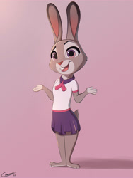 Size: 3000x4000 | Tagged: safe, artist:comatose, judy hopps, lagomorph, lapine, mammal, rabbit, anthro, chibi, cub, female, girl, plantigrade, solo cub, solo female, solo girl, young, zootopia, cel shaded, digital, buckteeth, clothing, fur, gesture, shy, skirt, solo, waving