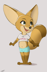 Size: 3300x5000 | Tagged: safe, artist:comatose, oc:abby (comatose), canid, fennec, fox, mammal, anthro, cub, female, girl, solo cub, solo female, solo girl, young, clothing, fur, shorts, solo