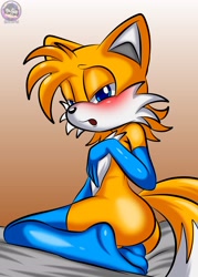 Size: 1828x2560 | Tagged: safe, artist:sirjzau, miles prower, canid, fox, kitsune, mammal, anthro, boy, cub, femboy, male, solo boy, solo cub, solo male, young, sonic series, colored, digital, fully shaded, arm warmers, bed, blue eyes, butt, clothing, fur, half-closed eyes, looking at you, narrowed eyes, on bed, open mouth, solo, stockings, tail, yellow fur