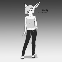 Size: 3000x3000 | Tagged: safe, artist:grimdank, oc:lotte (cobalt snow), cervid, deer, mammal, roe deer, anthro, cub, female, girl, solo cub, solo female, solo girl, young, grayscale, big ears, clothing, english text, fully clothed, fur, hair, looking at you, navel, pants, pinup, solo, talking to you, tank top