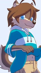 Size: 994x1768 | Tagged: safe, artist:kemonotoko3, shun kodori, canid, mammal, wolf, anthro, boy, cub, male, solo boy, solo cub, solo male, young, morenatsu, digital, belly, blue eyes, clothing, fur, hoodie, kemono, kemoshota, looking at you, navel, solo, undressing, undressing self