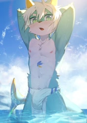 Size: 1000x1414 | Tagged: safe, artist:little fool 2, fish, marine, shark, boy, cub, male, solo boy, solo cub, solo male, young, bulge, clothing, fur, green eyes, green fur, hair, kemono, kemoshota, looking at you, navel, nipples, outdoors, solo, swimsuit, topless, wet, white fur