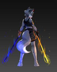 Size: 3078x3840 | Tagged: safe, artist:mag inu, canid, mammal, anthro, cub, male, solo cub, solo male, young, blue eyes, fur, kemono, kemoshota, looking at you, looking back, looking back at you, looking over shoulder, shorts, solo, tail, tank top