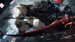 Size: 3840x2160 | Tagged: safe, artist:mag inu, oc:rareel, hyaenid, hyena, mammal, spotted hyena, anthro, boy, cub, male, solo boy, solo cub, solo male, young, digital, action pose, belly, blonde hair, blue eyes, cape, fur, hair, kemono, kemoshota, looking at you, navel, solo, tail