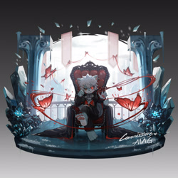 Size: 2160x2160 | Tagged: safe, artist:mag inu, vampire, anthro, boy, cub, male, plantigrade, solo boy, solo cub, solo male, young, blood, fur, hair, hairclip, kemono, kemoshota, pawpads, red eyes, solo, toe claws, white fur