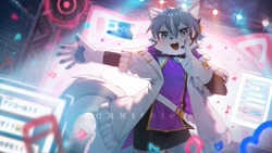 Size: 1280x720 | Tagged: safe, artist:mag inu, canid, mammal, anthro, boy, cub, male, solo boy, solo cub, solo male, young, blushing, clothing, fur, hair, jacket, kemono, kemoshota, microphone, performing, singing, solo, watermark