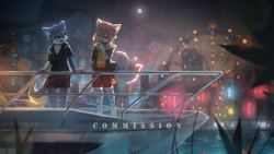 Size: 3840x2160 | Tagged: safe, artist:mag inu, canid, fox, kitsune, mammal, wolf, anthro, cub, male, males only, digital, duo, fur, kemono, kemoshota, nighttime, outdoors