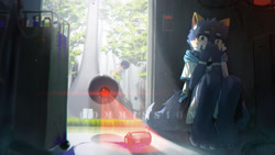Size: 3840x2160 | Tagged: safe, artist:mag inu, canid, mammal, anthro, boy, cub, male, solo boy, solo cub, solo male, young, digital, clothing, covering mouth, covering own mouth, fur, hoodie, kemono, kemoshota, robot, scared, solo, tail, toe claws