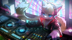 Size: 3840x2160 | Tagged: safe, artist:mag inu, canid, mammal, anthro, boy, cub, male, solo boy, solo cub, solo male, young, digital, blue eyes, clothing, deejay, distracting watermark, djing, fur, kemono, kemoshota, solo, watermark