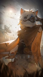 Size: 2160x3840 | Tagged: safe, artist:mag inu, canid, mammal, anthro, boy, cub, male, solo boy, solo cub, solo male, young, digital, blue eyes, distracting watermark, fur, goggles, goggles over eyes, hair, kemono, kemoshota, solo, watermark, white fur