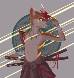 Size: 4456x4710 | Tagged: safe, artist:prop, demon, mythological creature, anthro, boy, cub, male, slender, solo boy, solo male, solo teen, teen, twink, young, clothing, fur, kemono, kemoshota, solo, sword, topless, weapon