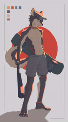 Size: 4674x8322 | Tagged: safe, artist:prop, canid, mammal, anthro, plantigrade, solo teen, teen, young, ball cap, clothing, fur, hat, holding skateboard, kemono, nipples, pecs, skateboard, solo, topless